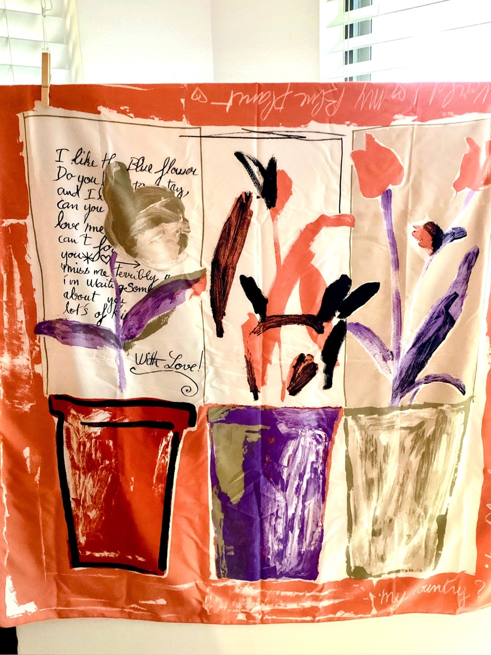 Artist Quote Flower Silk Scarf in Coral, Purple & Olive